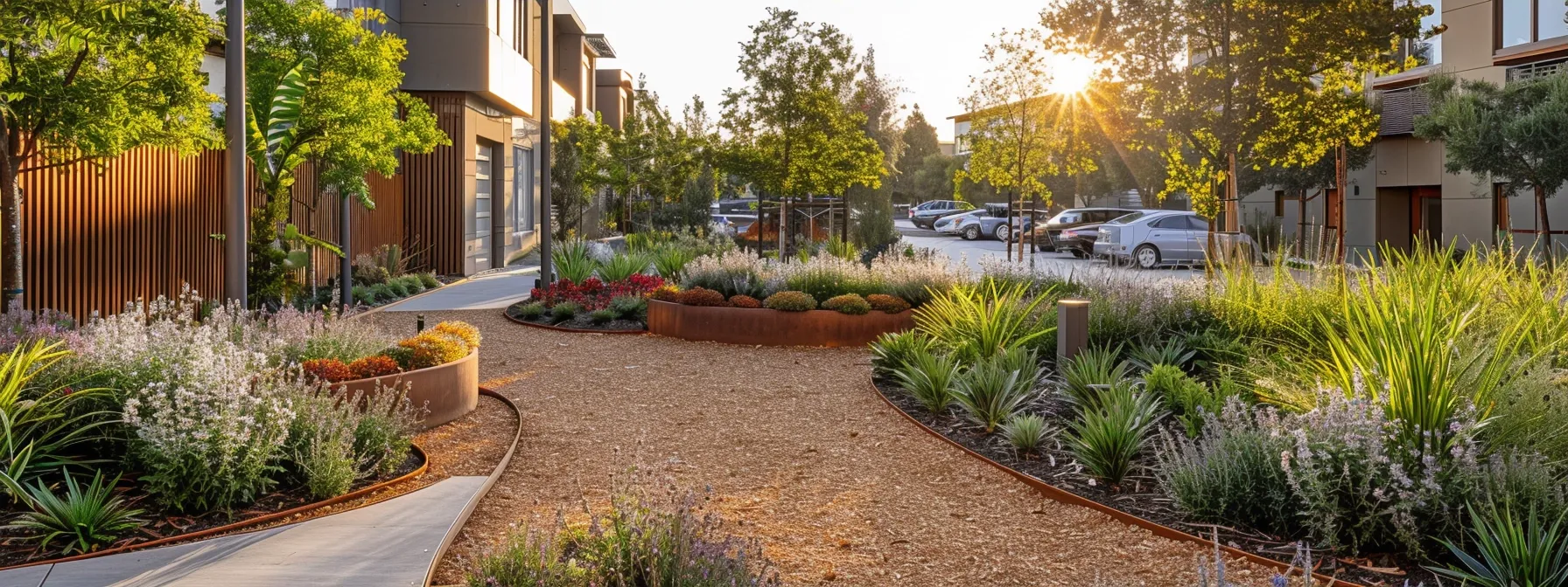 Meticulously designed urban landscape featuring fire-resistant plants, gravel pathways, and decorative stone borders, enhancing outdoor safety and aesthetic appeal.