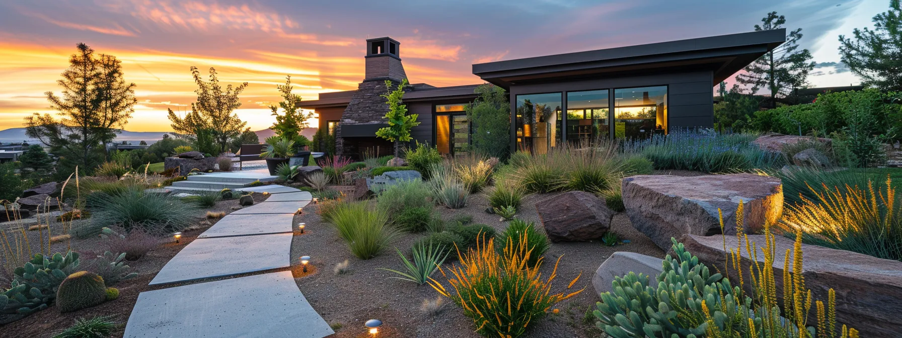 a modern prescott residential landscape, showcasing firewise landscaping techniques with strategically placed fire-resistant plants and hardscaping features, bathed in warm sunset light that highlights the home's architectural details.