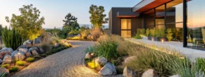 a modern suburban home showcases a meticulously designed defensible space with fire-resistant landscaping, featuring gravel pathways, strategically placed rocks, and carefully selected non-flammable plants against a sleek urban backdrop, emphasizing safety and aesthetic appeal.