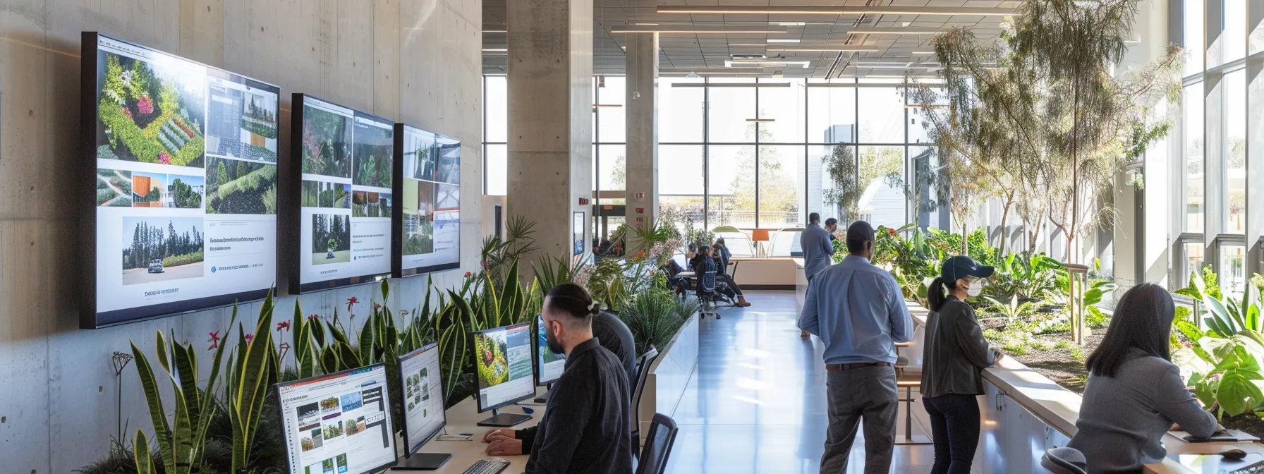 a professional, urban landscaping office bustling with activity as experts collaborate over design plans and case studies, highlighting innovative firewise landscaping strategies on sleek digital displays and blueprints.