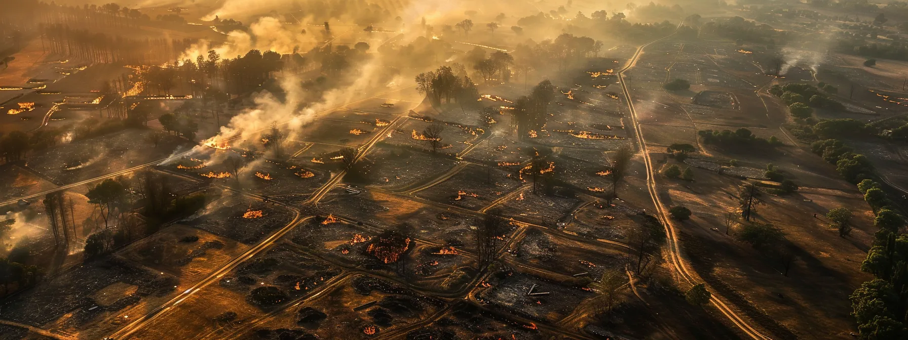 Aerial view of a wildfire burning through vegetation, with smoke rising and charred landscape, highlighting fire hazards in landscaping.