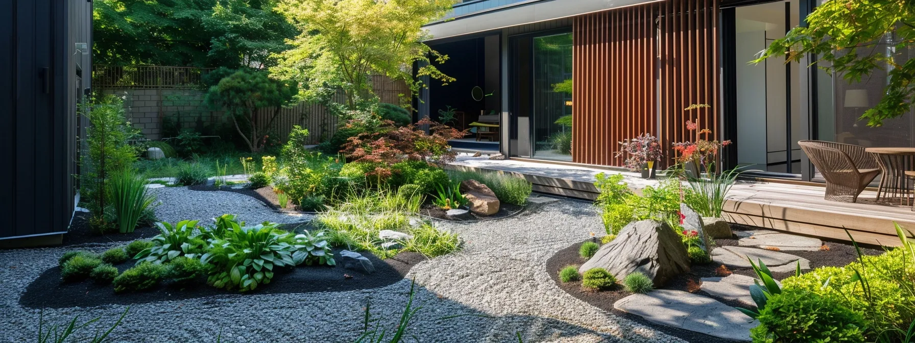 a well-organized backyard in an urban setting showcases meticulously pruned shrubs and strategically placed mulch beds, demonstrating effective firewise landscaping practices designed for enhanced safety and reduced ember catchers around a contemporary home.