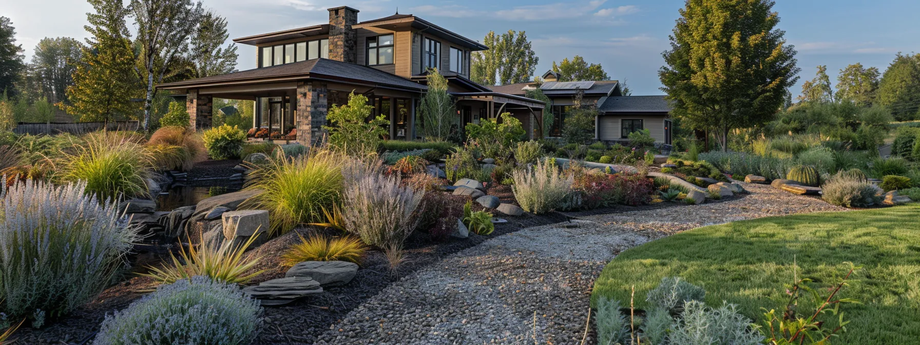 a well-designed and strategically organized landscape around a suburban home showcases hardscaping features and carefully managed distances from structures to illustrate an effective defensible space for fire protection.