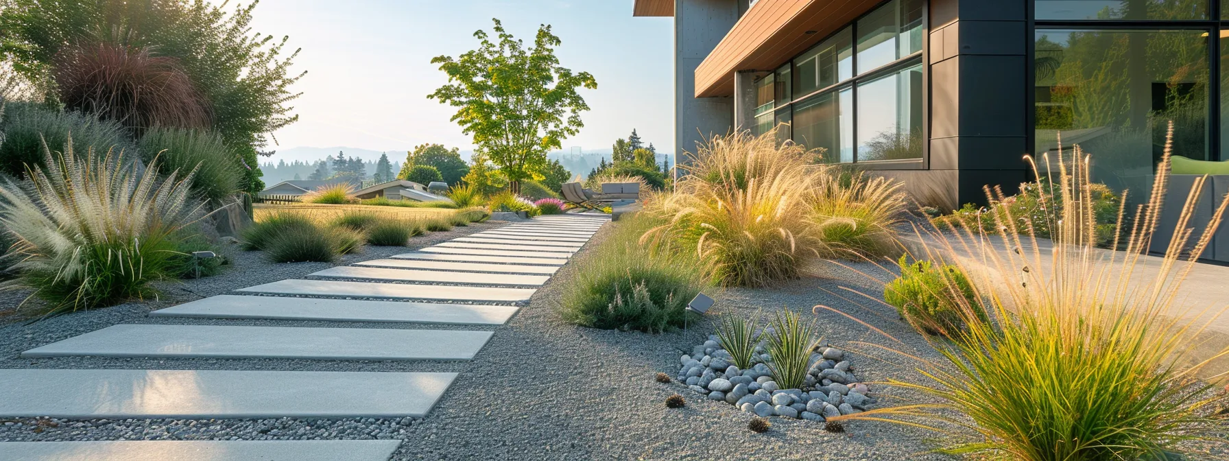 Modern firewise landscaping featuring a stone pathway, ornamental grasses, and drought-resistant plants, promoting safety and aesthetic appeal around a home.
