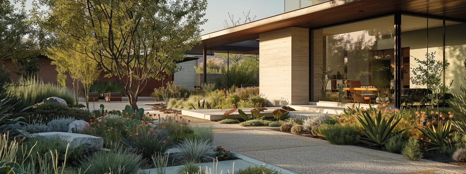 a well-organized outdoor landscape showcasing a diverse array of firewise native plants and low-flammability shrubs strategically placed around a modern home, emphasizing safety and aesthetics in an arid urban setting.