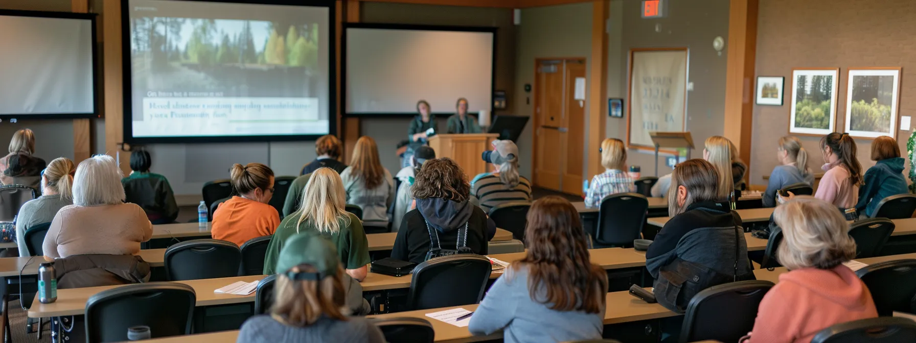 Community workshop on firewise landscaping practices, attendees engaging with presentation, emphasis on wildfire prevention strategies.