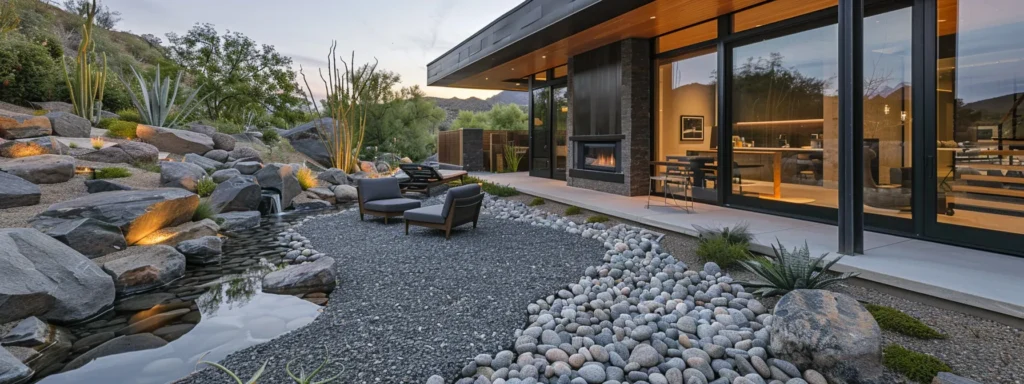 an inviting, modern patio features meticulously arranged gravel and stone pathways, complemented by a serene water feature, creating an aesthetically pleasing yet fire-resistant environment tailored for a prescott home.