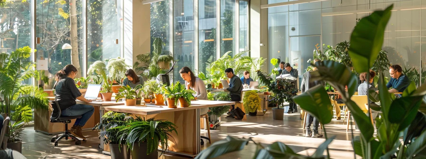 an organized urban landscape management workshop features professionals engaging in hands-on pruning and trimming techniques, with well-maintained fire-resistant plants and materials clearly demonstrated in a clean, modern office space designed for safety and education.