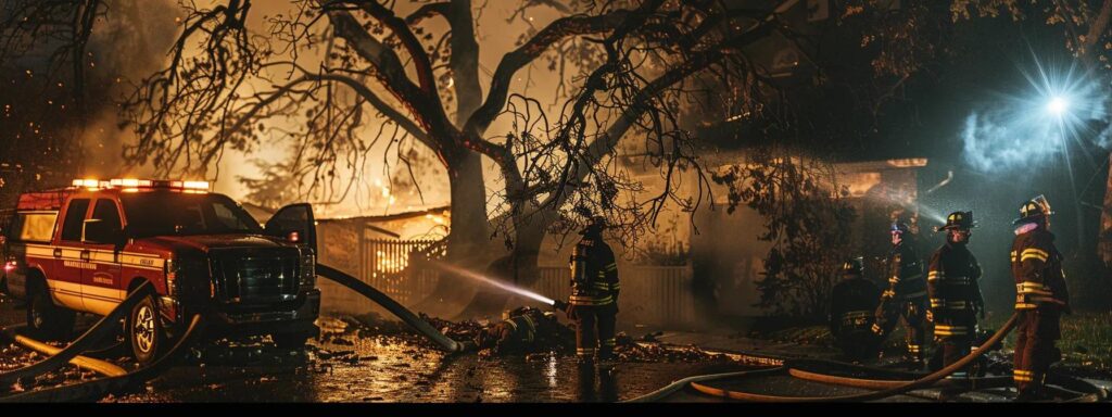 Firefighters responding to a tree emergency, illuminated by flames and emergency lights, with a fire truck and hoses in a dramatic nighttime scene.