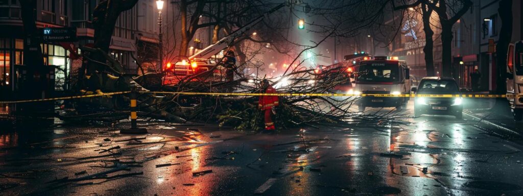 Emergency scene with fallen tree branches blocking a city street, emergency vehicles and caution tape present, reflecting urgent tree removal needs.