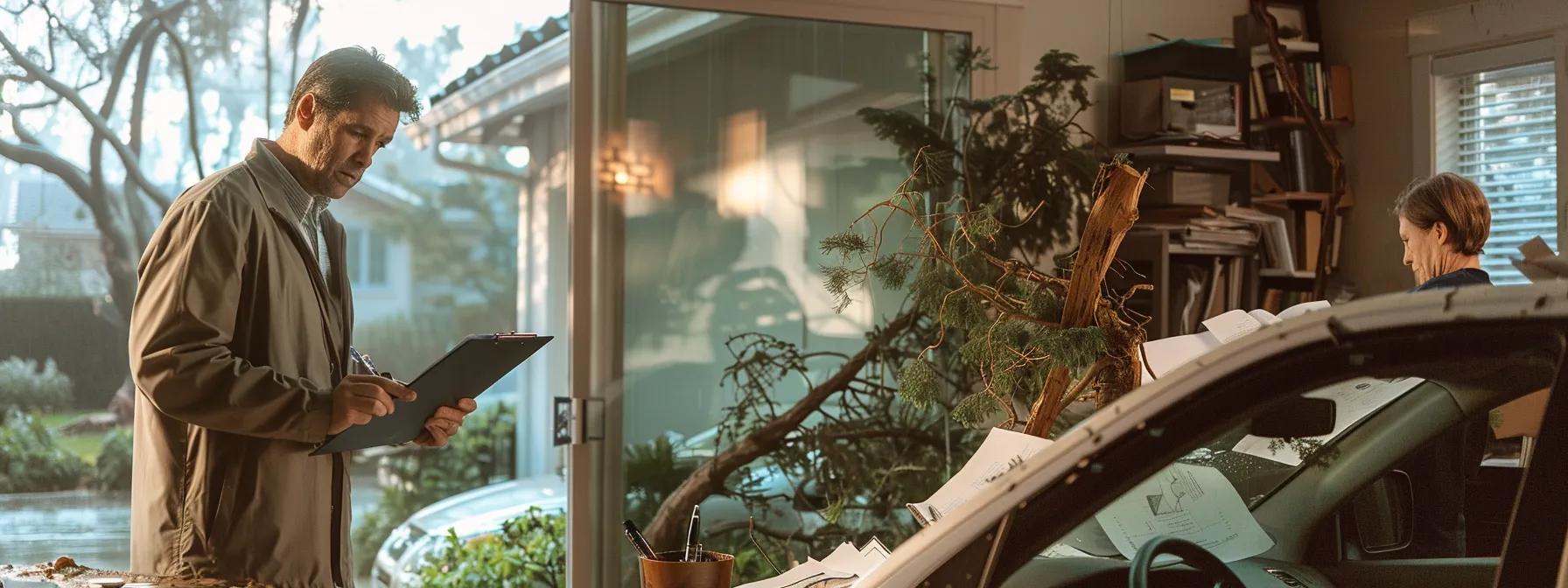 a dramatic urban scene captures a homeowner surveying the chaotic aftermath of a storm, with a toppled tree partially blocking a driveway, while an insurance adjuster assesses the damage alongside a clipboard in a well-lit, modern office environment.