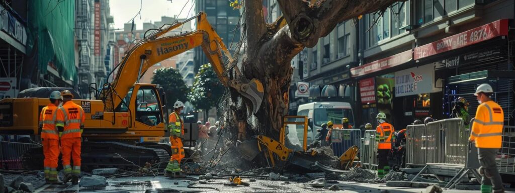 Excavator removing a large tree in an urban setting, surrounded by construction workers in safety gear, emphasizing emergency tree removal services.