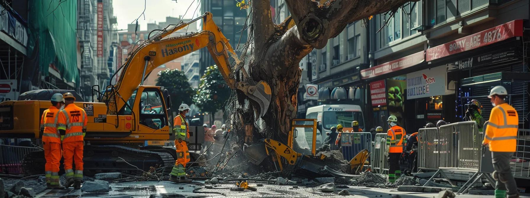 a dynamic urban scene depicts a team of professionals in safety gear using heavy machinery to efficiently dismantle a large, hazardous tree looming dangerously over a bustling city street.