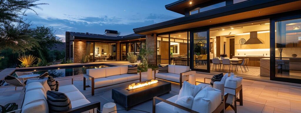Luxurious outdoor entertaining space featuring modern furniture, a fire pit, and a pool, highlighting custom landscaping options for Prescott Valley backyards.