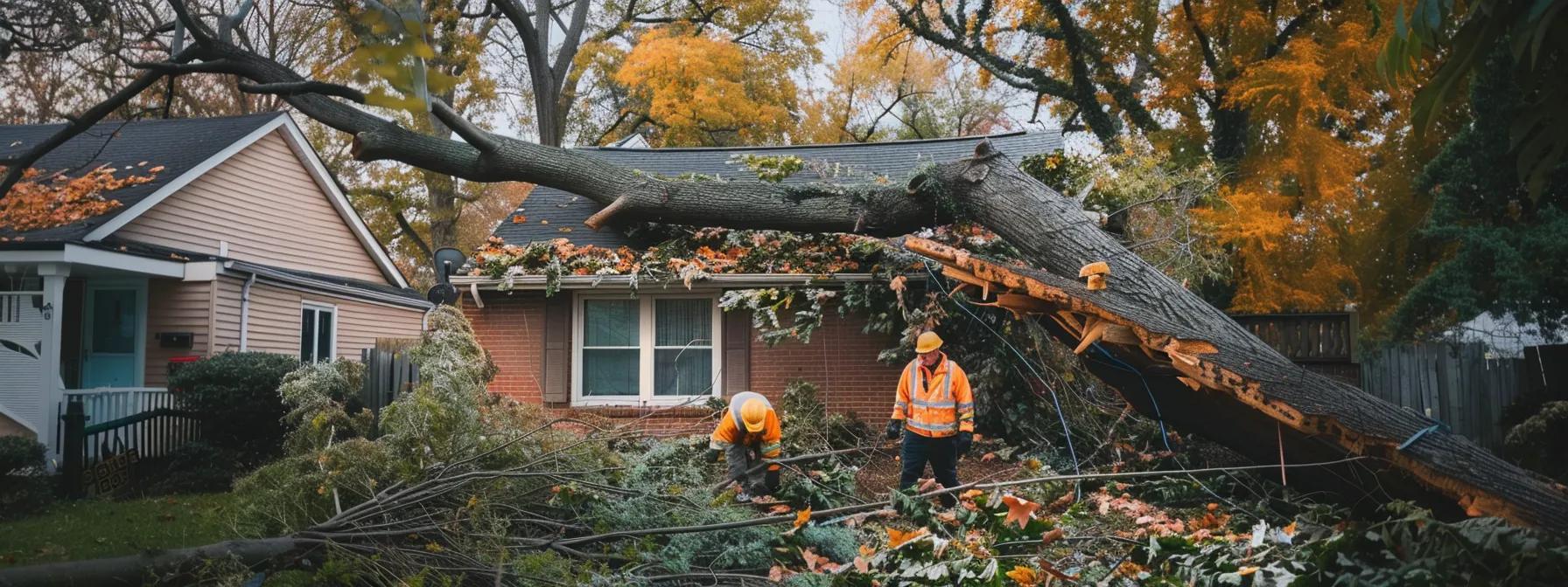 a professional landscape showcasing a damaged tree precariously leaning over a suburban home, with an emergency tree removal crew in safety gear assessing the situation amidst urban structures, emphasizing the urgency and factors influencing tree removal costs.