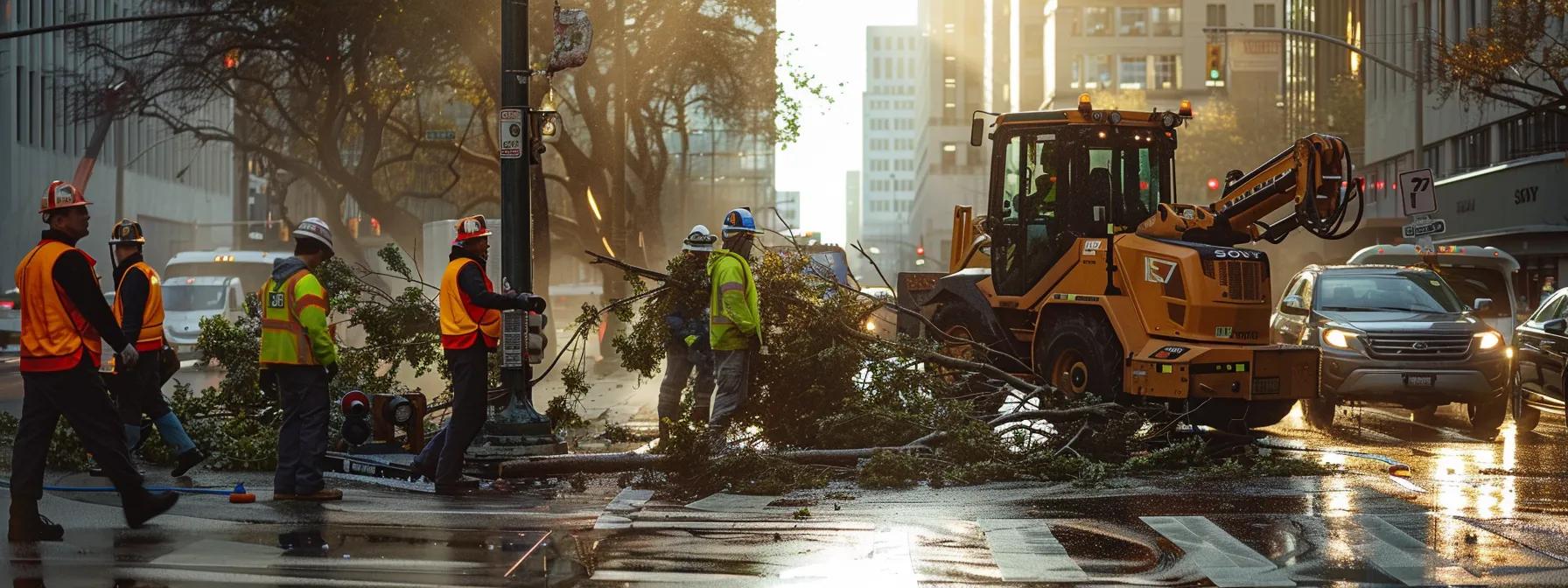 a team of professional arborists in safety gear efficiently operates heavy machinery to swiftly remove a precariously positioned tree from a busy urban street, showcasing the urgency and expertise of the emergency tree removal process.