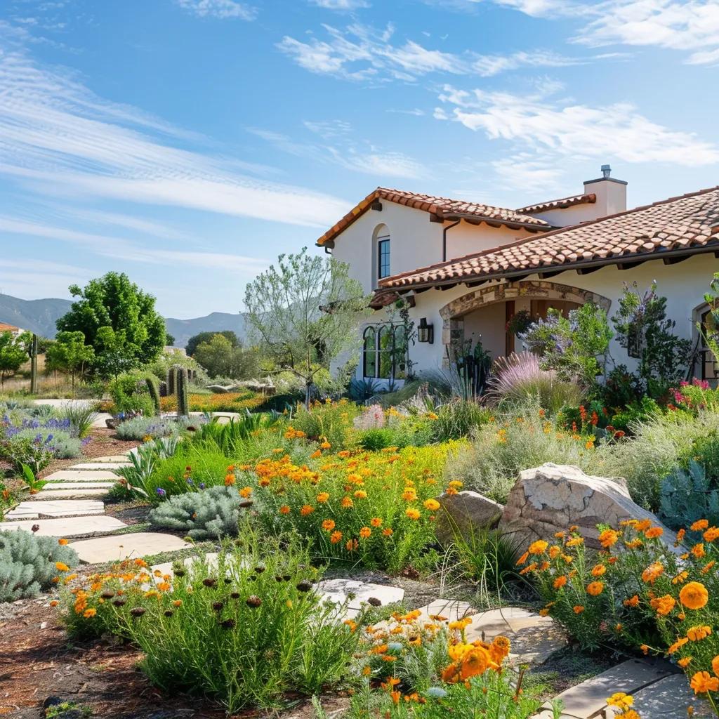 Beautifully landscaped garden with vibrant orange flowers, stone pathway, and a charming home in a scenic setting, emphasizing firewise landscaping for wildfire prevention.