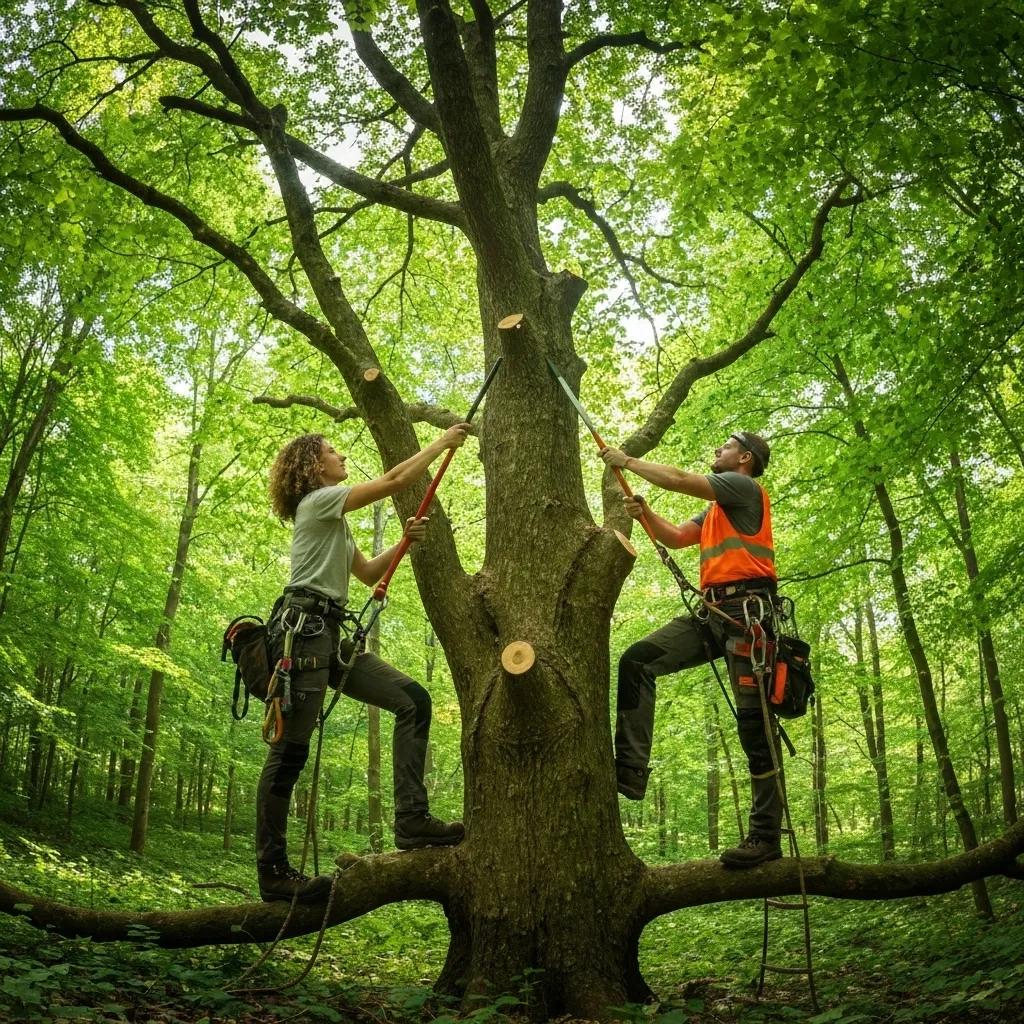 A skilled team of certified arborists working collaboratively to trim a tree, showcasing the advantages of professional tree trimming services