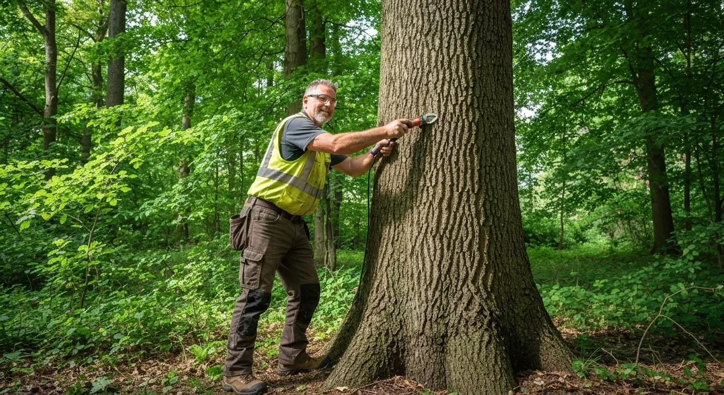 A professional arborist meticulously assessing a tree's health using advanced tools in a vibrant, green setting