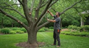 Man measuring a tree in a landscaped yard, showcasing professional tree care and maintenance in outdoor spaces.