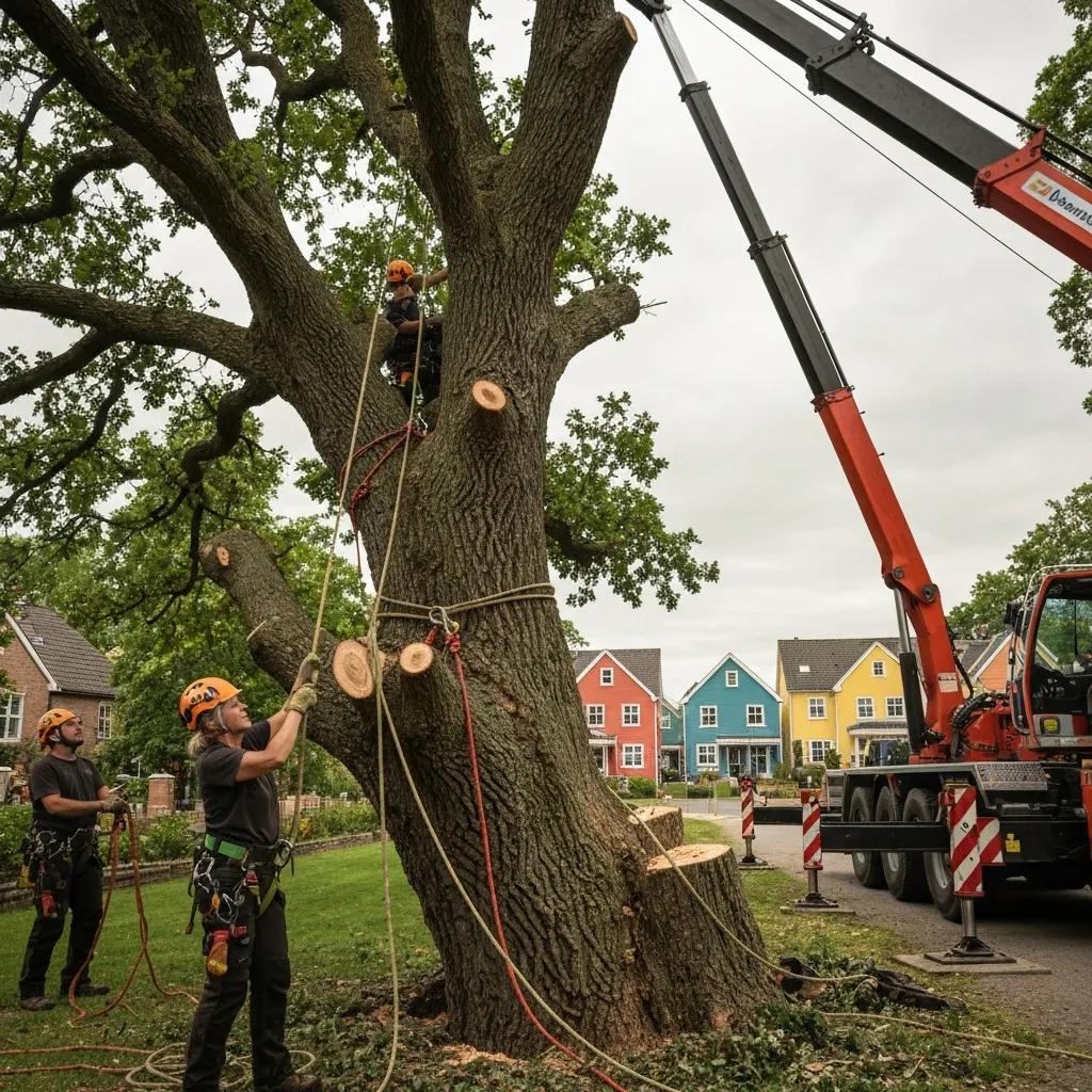 Team of arborists safely taking down a tree using a crane in a residential neighborhood, emphasizing tree removal safety