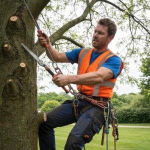Professional tree service expert pruning a tree, wearing safety gear and harness, highlighting effective tree care techniques.
