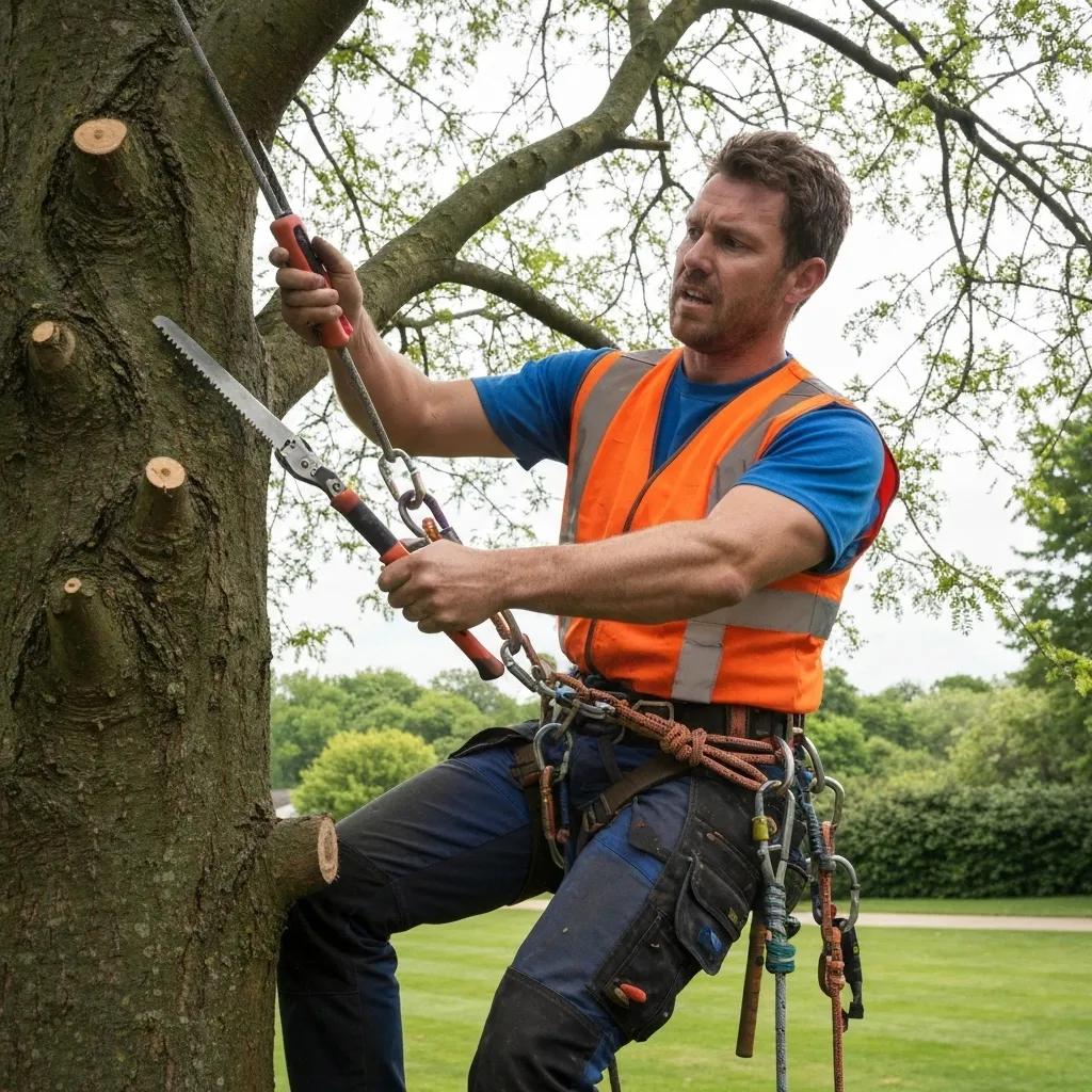 Professional arborist safely trimming a tree with specialized equipment, showcasing the importance of expert tree care