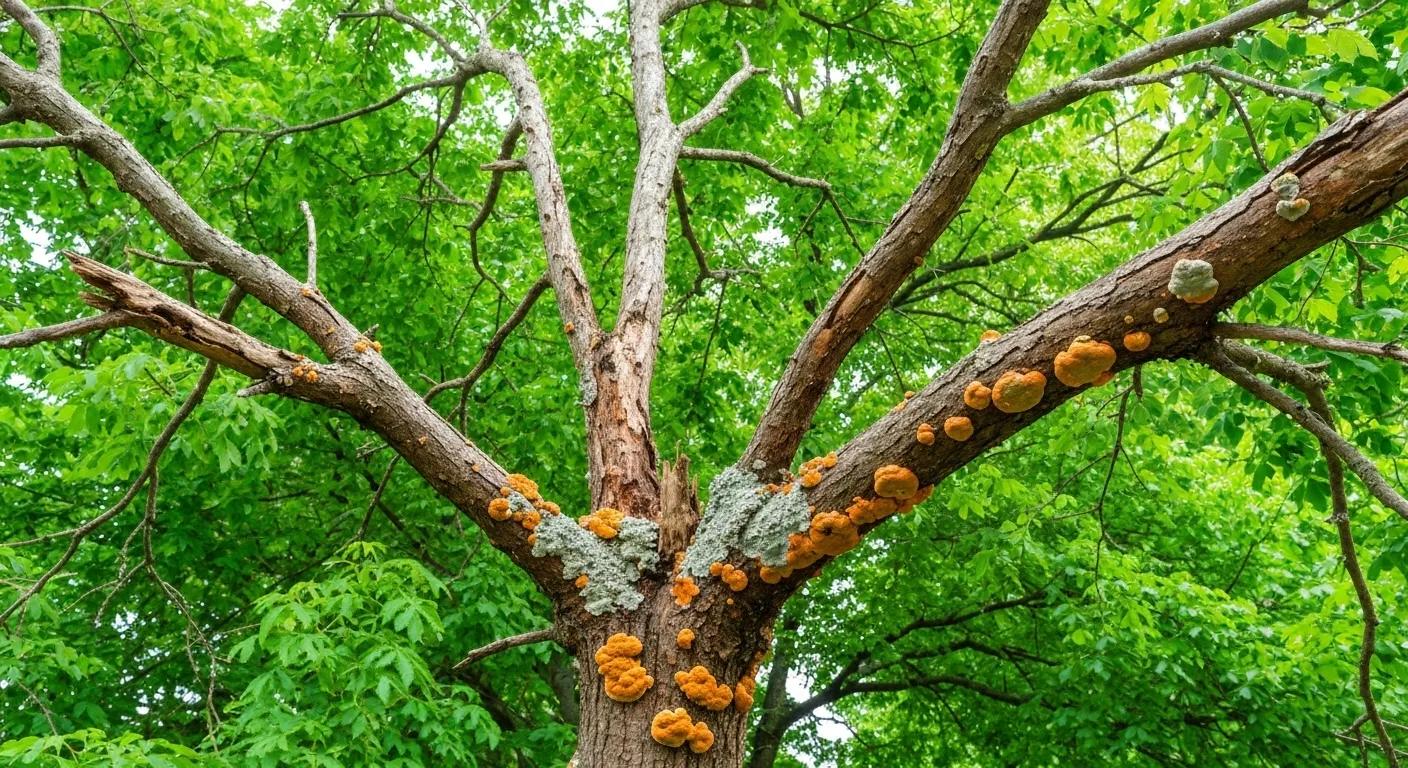 A close-up view of tree warning signs, including dead branches and visible fungal growth, signaling the need for professional attention