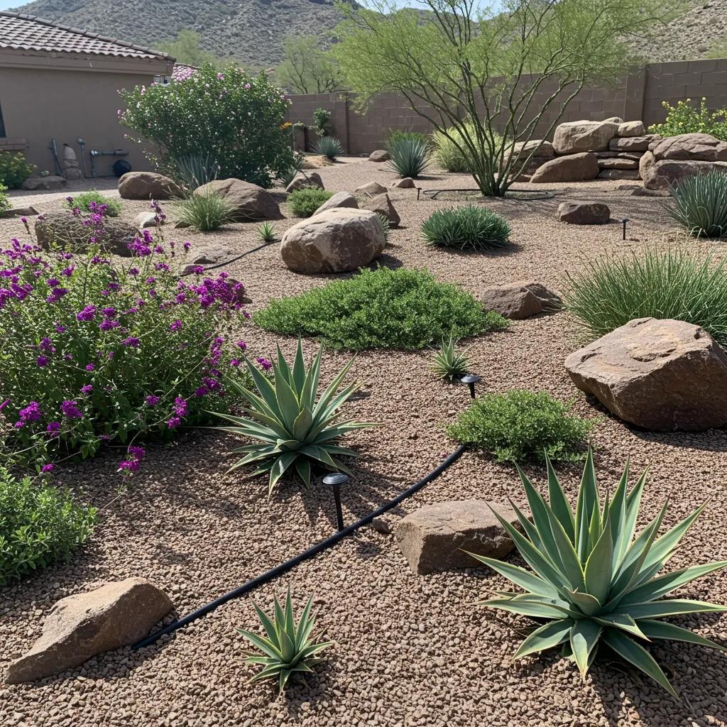 Stunning xeriscape garden featuring drought-tolerant plants and decorative rocks, showcasing modern landscape design