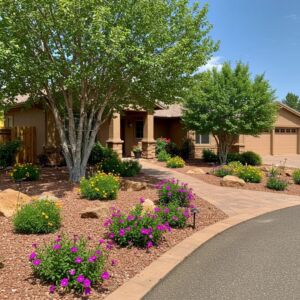 Beautifully landscaped residential yard in Prescott, AZ, featuring healthy trees, vibrant flowers, and a well-maintained pathway, showcasing expert landscaping services.