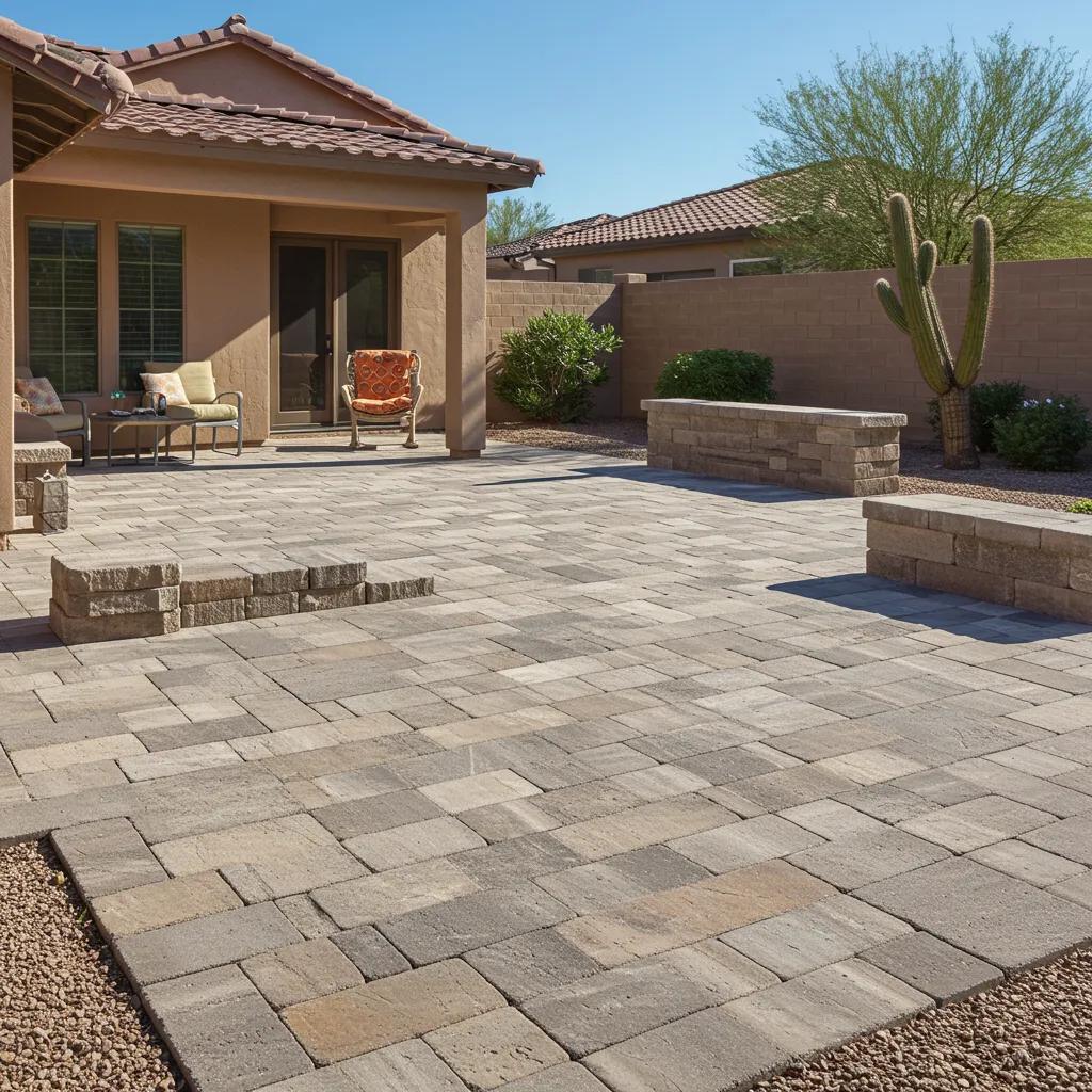 Beautifully paved patio in Arizona showcasing various paver types in a sunny outdoor setting