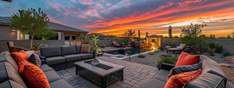 Outdoor living space featuring a cozy seating area with orange accent pillows, a fire pit, and a stunning sunset backdrop over a pool, highlighting Yavapai Landscaping's design services for enhancing outdoor environments in Prescott Valley.