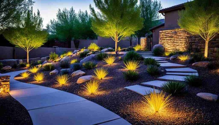 Illuminated landscape featuring stone pathway, vibrant plants, and trees, showcasing effective lighting techniques for enhancing outdoor aesthetics in a residential setting.