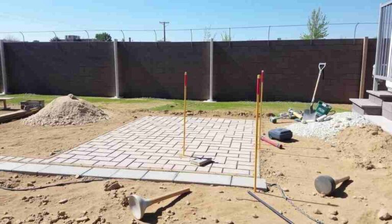 Paver installation site with laid bricks, leveling tools, and construction materials, showcasing landscaping services by Yavapai Landscaping in Prescott Valley.
