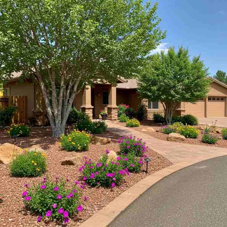 Front yard landscaping in Prescott Valley featuring vibrant flowers, a large tree, and a well-maintained pathway, showcasing Yavapai Landscaping's aesthetic enhancements.