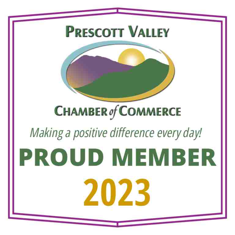 Prescott Valley Chamber of Commerce logo highlighting "Proud Member 2023" and the tagline "Making a positive difference every day!"