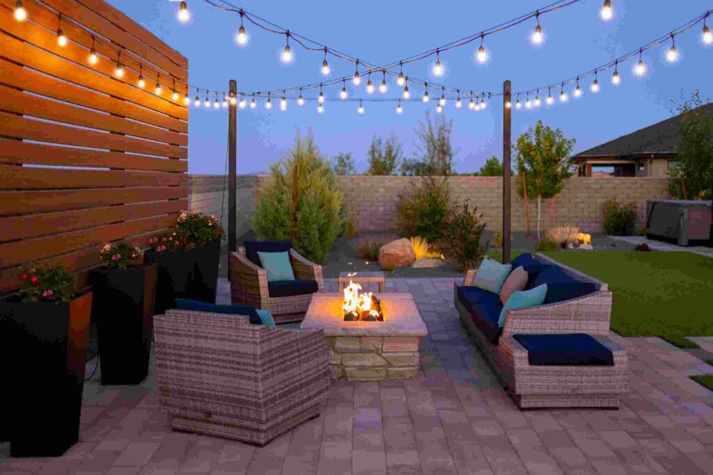 Cozy outdoor living space featuring a fire pit surrounded by stylish seating, illuminated by string lights, with lush greenery and modern landscaping elements, showcasing Yavapai Landscaping's design expertise.