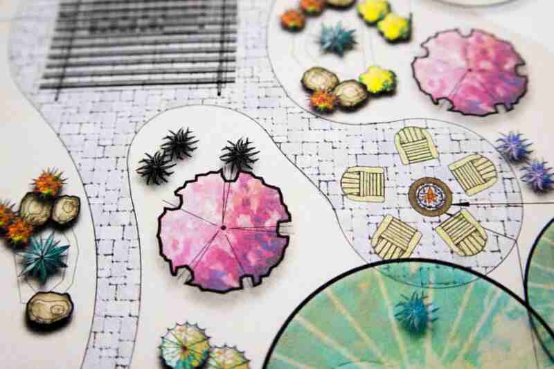 Landscape design blueprint featuring colorful elements, seating areas, and plant arrangements, highlighting Yavapai Landscaping's creative outdoor concepts.