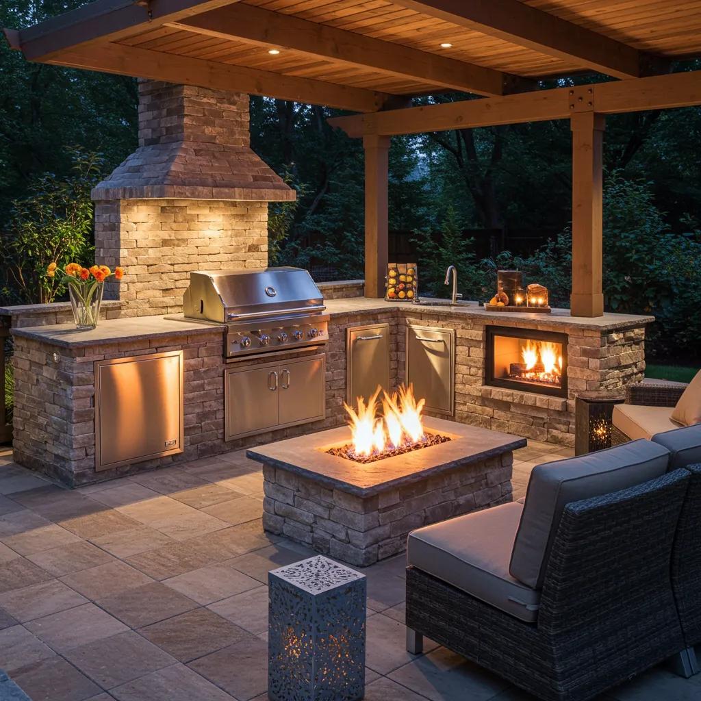 An inviting outdoor kitchen setup with a built-in grill and a cozy fire pit, perfect for gatherings