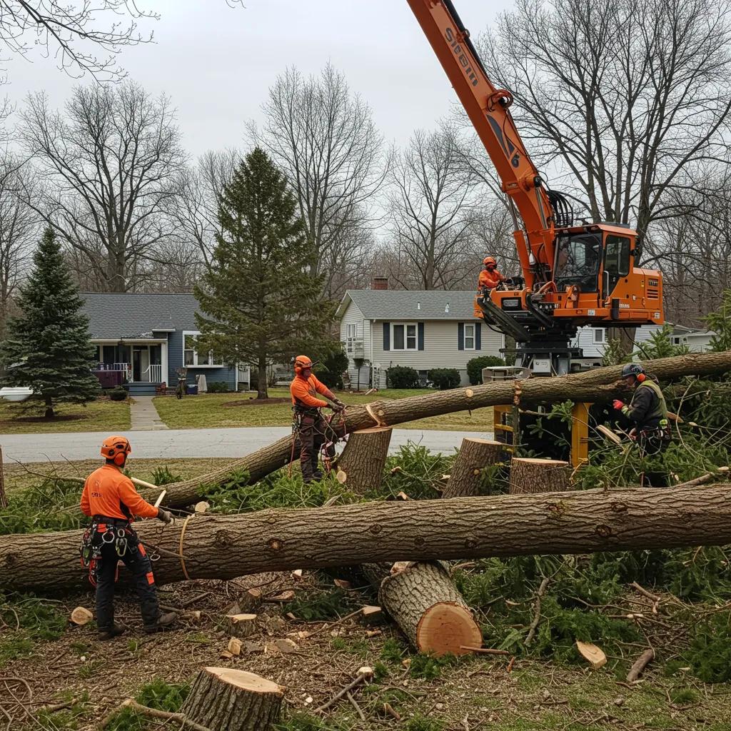 Professional arborists safely removing a large tree, demonstrating safety protocols and equipment