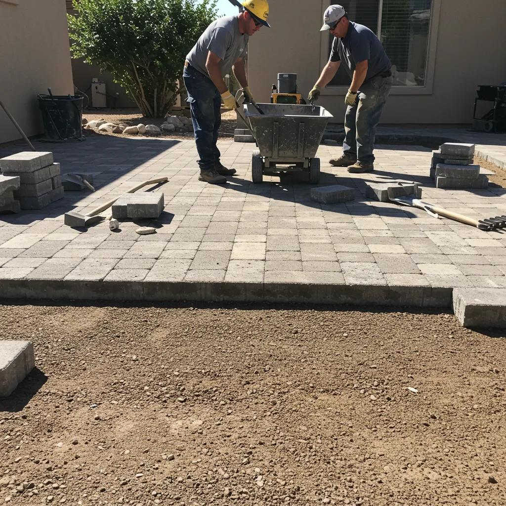 Professional installer laying pavers in a residential yard, showcasing the installation process in Arizona