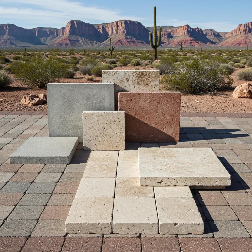 Selection of various paver types suitable for Yavapai County properties displayed against a desert backdrop