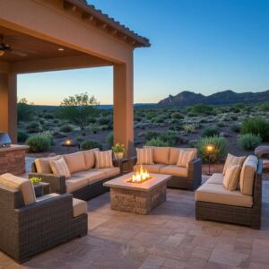 Stunning outdoor living space featuring a cozy patio with a fire pit, comfortable seating, and surrounding greenery in Yavapai County, Arizona.