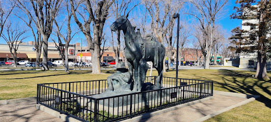A bronze statue of a weary Native American on a horse stands behind a black metal fence in a park, surrounded by leafless trees and nearby buildings under a clear blue sky.