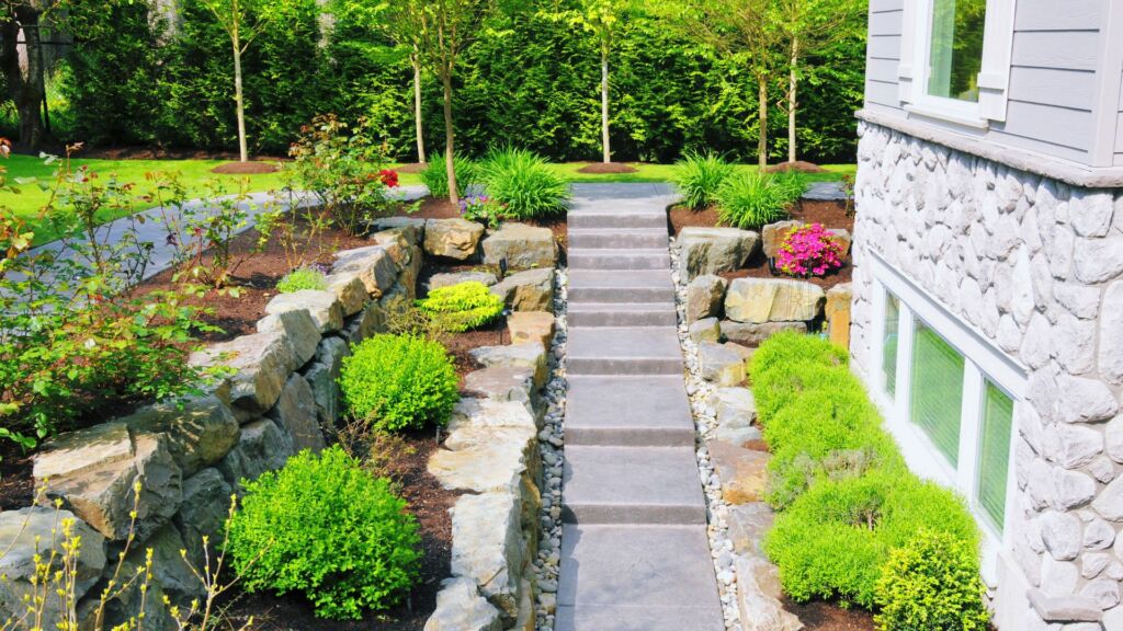 Lush garden pathway with stone edging, vibrant shrubs, and seasonal flowers, enhancing outdoor living space in a beautifully landscaped environment.