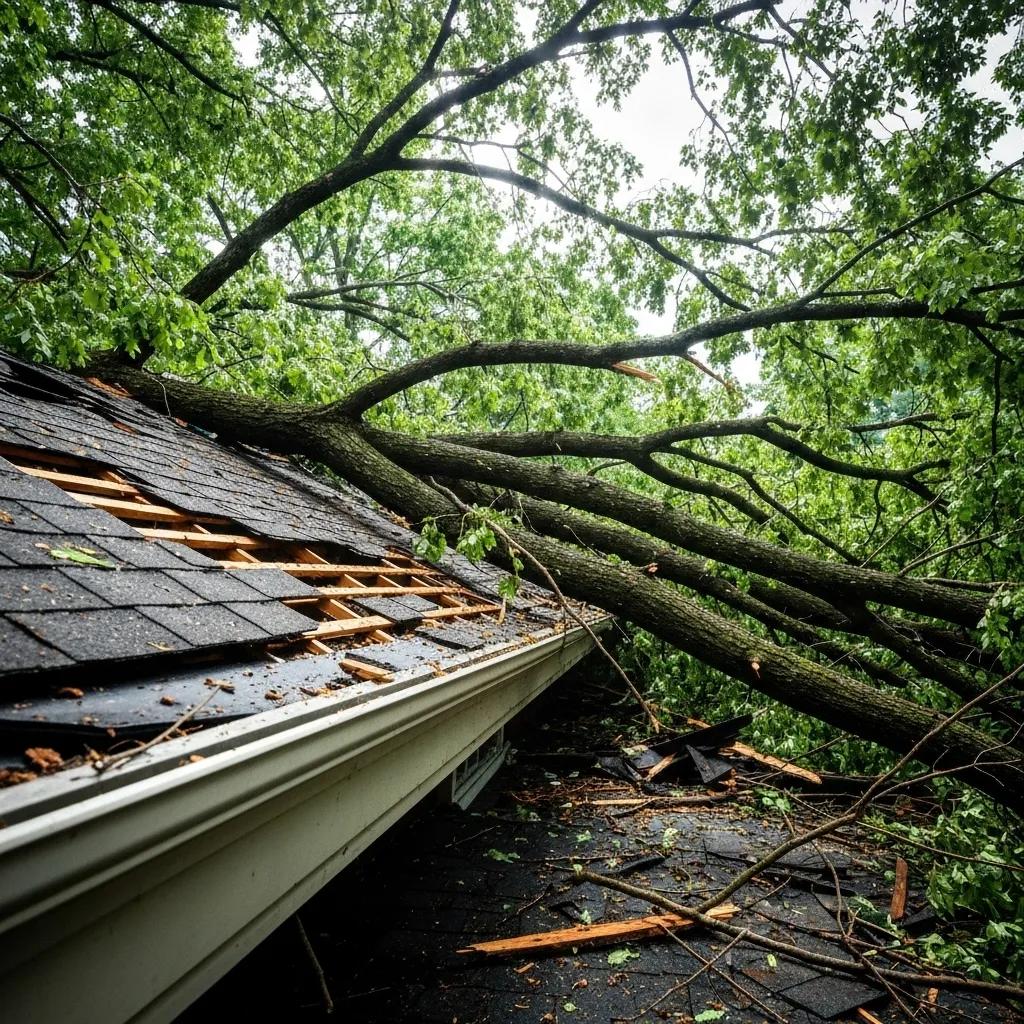A damaged roof with fallen tree branches and clogged gutters, illustrating the risks trees pose to home exteriors