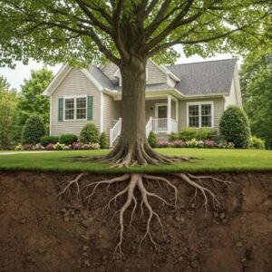 A healthy tree standing tall next to a well-kept home, emphasizing the importance of tree care for property security