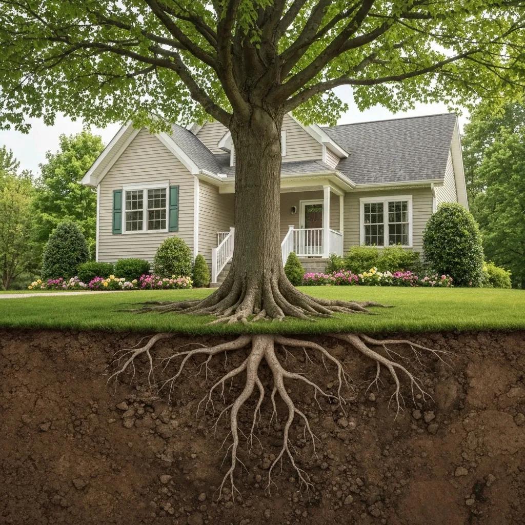 A healthy tree standing tall next to a well-kept home, emphasizing the importance of tree care for property security