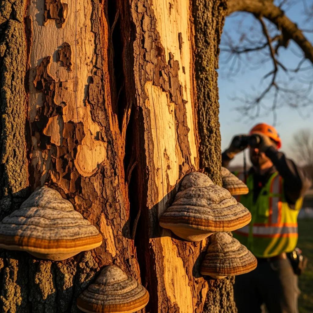 Detail of a hazardous tree showing cracks and decay &mdash; a sign to call a professional for assessment
