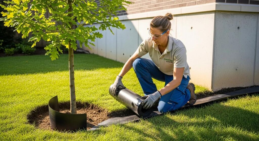 An arborist installing a root barrier around a young tree to protect a foundation